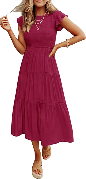 Plum Women's Summer Casual Flutter Short Sleeve Crew Neck Smocked Elastic Waist Tiered Midi Dress - ZESICA | Women's Casual Dresses