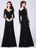 Women Cold Shoulder V Neck Long Formal Evening Dress with Glitter  - Sara Clothes