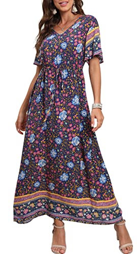 Dahlia Navy Summer Maxi Boho Beach Dress Floral Print Dress V Neck Short Sleeve Drawstring High Waist Flowy Long Midi Dresses - GRECERELLE