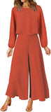 Dark Orange Women's Summer 2 Piece Outfits Round Neck Crop Basic Top Cropped Wide Leg Pants Set Jumpsuits - ROYLAMP | Women's Romper & Jumper Suit