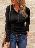 BTFBM Women Long Sleeve V Neck Button Up Solid Tops Blouses Trendy Slim Fit Lace Sleeves Ribbed Knit Casual Shirts Tunic (Lace Black, Medium) | Women's Casual Dresses