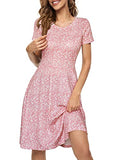 Pink Floral 101 Spring/Summer Casual Women Short Sleeve Round Neck A Line Fit and Flare Midi Skater Dress - HUHOT | Women's Casual Dresses