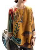 Yellow Women Long Sleeve Jumpers Knitted Graphic Sweater Crew Neck Loose Pullover Sweater Tops - Yesno | Women's Jumpers