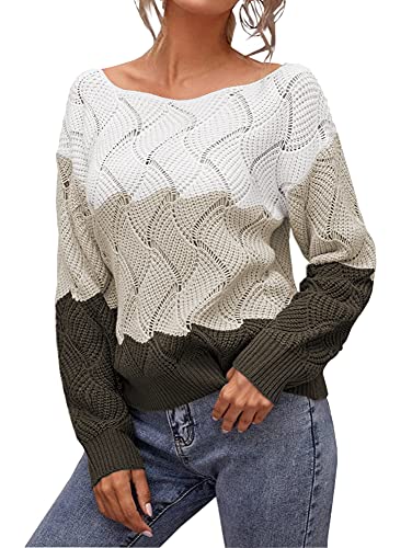 Women's Sweaters Long Sleeve Crewneck Color Block Pullover Casual Knit Jumper Tops | Women's Casual Dresses