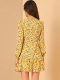 Women's Floral Printed Tie Neck A-Line Long Sleeve Layered Ruffle Mini Dress