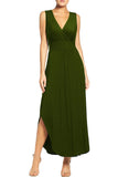 Army Green Women Sleeveless Deep V Neck Pocket Loose Long Dress Split Maxi Casual Dresses - WOOSEA | Women's Cocktail Dresses