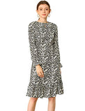 Allegra K Women's Fall Leopard Print Long Sleeve Keyhole Front Ruffle Hem Dress