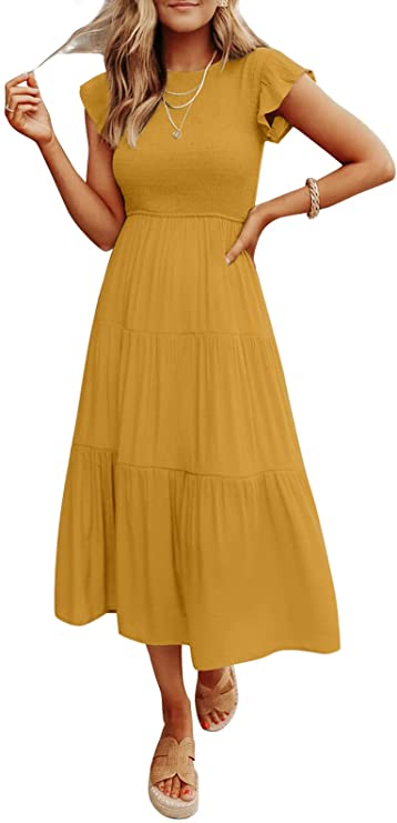 Ginger Women's Summer Casual Flutter Short Sleeve Crew Neck Smocked Elastic Waist Tiered Midi Dress - ZESICA | Women's Casual Dresses