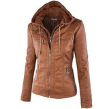 Faux Leather for Women Hooded Moto Biker Full Zip Pleated Overcoat Casual Coat Warm Tops