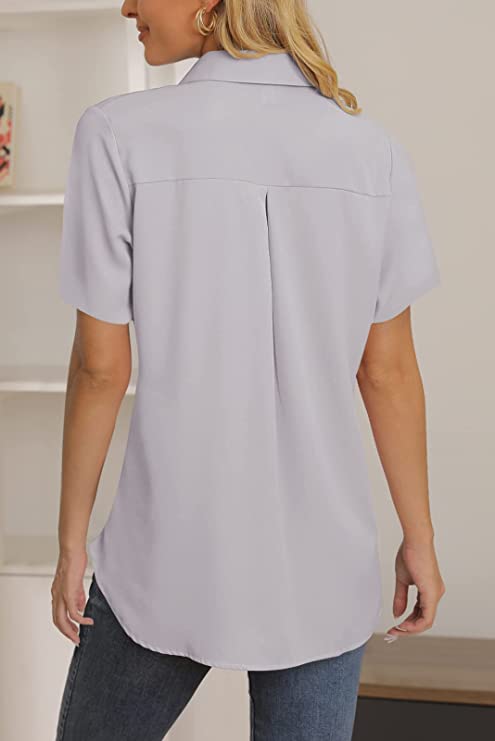 Light Blue Short Sleeve Womens Casual Button Down Shirts V Neck Chiffon Long Sleeve Collared Office Work Blouses Tops with Pocket - AISEW | Women's Tops and Blouses