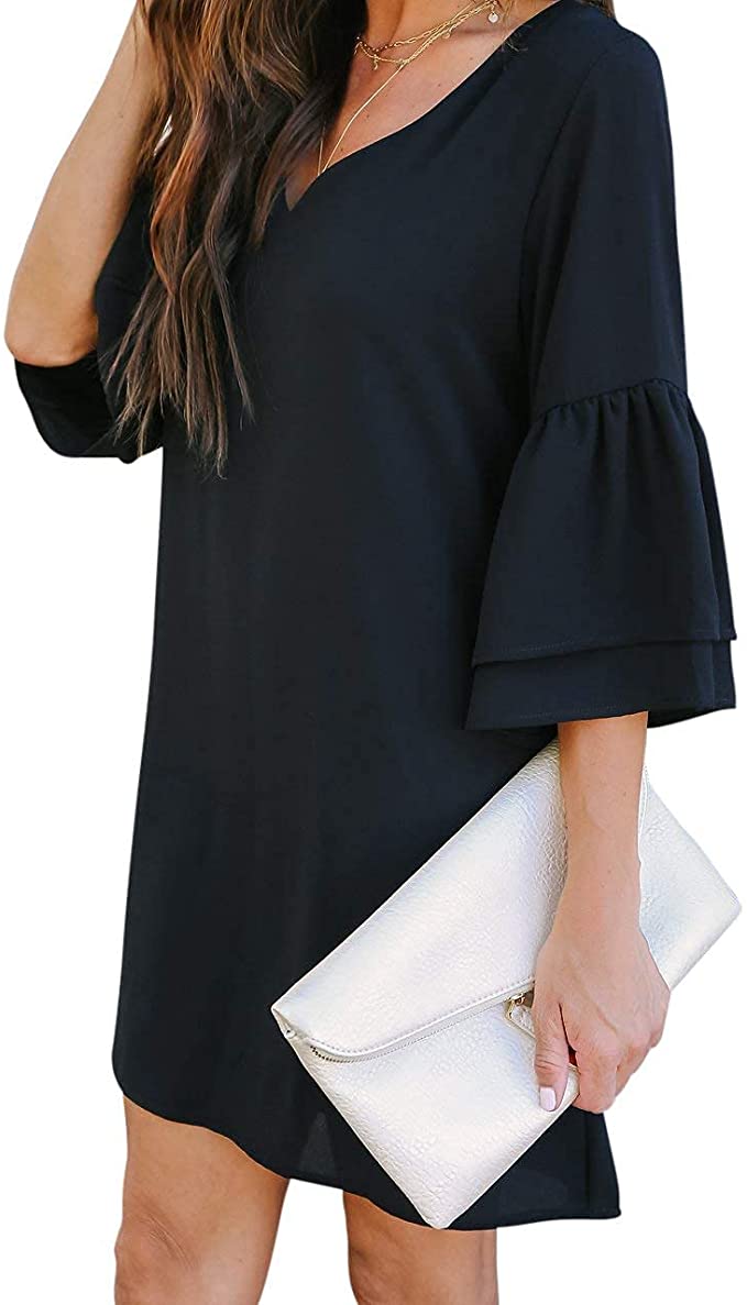 Black Women's Dress Sweet & Cute V-Neck Bell Sleeve Shift Dress Mini Dress - BELONGSCI | Women's Casual Dresses