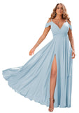 Light Blue Women's Off Shoulder Bridesmaid Dresses Long Chiffon Formal Dress with Slit - Clothfun | Women's Cocktail Dresses