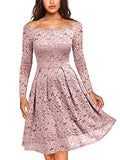 Women's Vintage Floral Lace Long Sleeve Boat Neck Cocktail Party Swing Dress