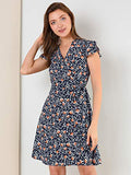 Women's Floral Leaves Ruffled Sleeve Tie Flare Faux Wrap Dress | Original Brand