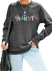 Christmas Sweatshirt Women Christmas Believe Tree Shirt Xmas Vacation Graphic Casual Long Sleeve Pullover Tops Blouse