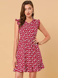 Women's Floral Print V Neck A-Line Summer Sleeveless Ruffle Mini Dress