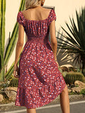 Womens Summer Floral Print Puff Short Sleeve Drawstring Tiered Ruffle Casual A-Line Dress