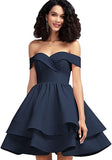 Navy Blue Off Shoulder Short Prom Dress Satin Homecoming Dresses for Teens A Line Cocktail Party Gowns Mini Dress - Homdor | Women's Cocktail Dresses