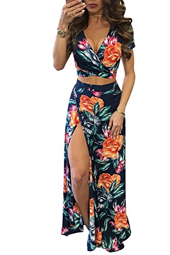 2 Piece Set Women's Crop Top Skirt Side Slit Two Piece Outfit