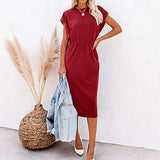 Ladies O-Neck Mid-Caif Short-Sleeved Slim-Fit Split Pocket Bottoming Dress Bodycon Dress Office Wear for Casual Club Cocktail Evening Gowns Work UK Size 8-26 | Women's Work Dresses