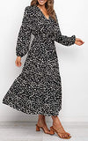 Women's Boho Leopard Print Ruffle Long Sleeve V Neck Casual Flowy Party Maxi Dress | Women's Casual Dresses