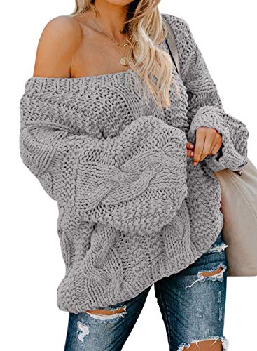 Women Sexy Long Sleeve Off Shoulder Loose Cable Knit Pullover Sweater