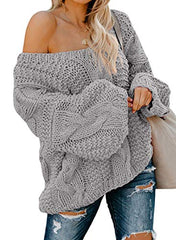 Women Sexy Long Sleeve Off Shoulder Loose Cable Knit Pullover Sweater