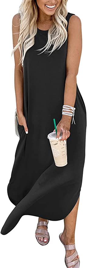 Black Women's Casual Loose Long Sleeveless Sundress with Pockets - ANRABESS | Women's Casual Dresses