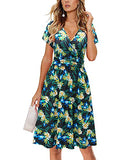 Black Green Summer Short Sleeve V-Neck Floral Casual Ladies Dress with Pockets - OUGES | Women's Casual Dresses