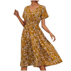 Ladies Summer Casual Short Sleeve V-Neck Floral Dresses Slim Dress UK Size Evening Gowns Work Maxi Dress Party