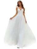 Open Back V Neck A-line Lace Bodice Tulle Wedding Dress for Women  - Sara Clothes