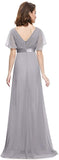 Grey Women's Short Sleeve V-Neck Long Evening Dress - Ever Pretty