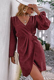 Women's Elegant Wrap Long Balloon Sleeve Corduroy Mini Dresses Deep V Neck Cocktail Mini Dress with Tie Waist