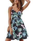 Black Green V Neck Floral Spaghetti Strap Summer Dress Casual Swing Midi Sundress with Pocket - STYLEWORD | Women's Casual Dresses
