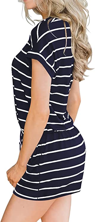 White Black Stripes Summer Crewneck Casual Loose Short Sleeve Jumpsuit Rompers One Piece Pajamas Loungewear with Pockets - ANRABESS | Women's Romper & Jumper Suit