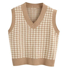 Women Houndstooth Pattern Knit Sweater Vest Sleeveless Loose V-Neck 90s Waistcoat Pullover Knitwear Top