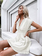 Women's Summer Lace V Neck A Line Mini Dress Casual Swiss Dot Cap Sleeve Short