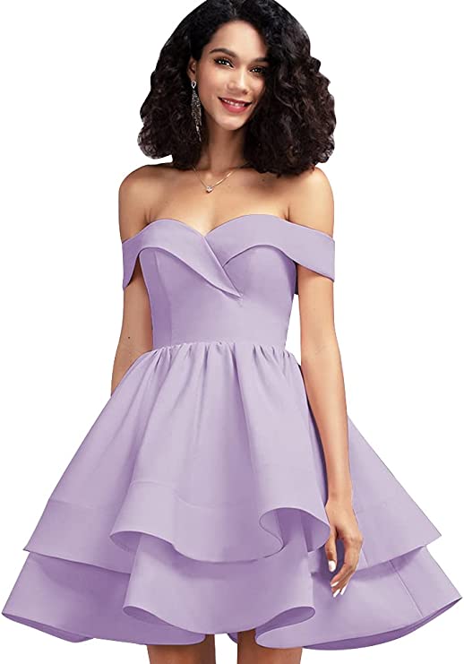 Lavender Off Shoulder Short Prom Dress Satin Homecoming Dresses for Teens A Line Cocktail Party Gowns Mini Dress - Homdor | Women's Cocktail Dresses