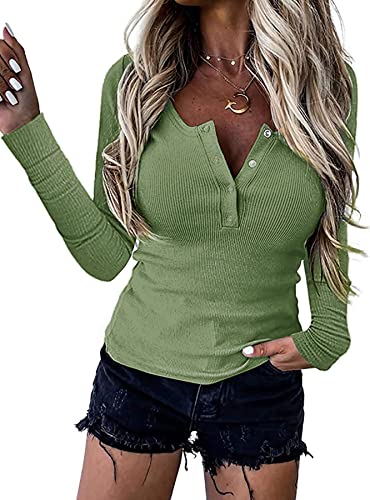 BTFBM Women Long Sleeve V Neck Button Up Solid Tops Blouses Trendy Slim Fit Lace Sleeves Ribbed Knit Casual Shirts Tunic (Solid Bean Green, Small) | Women's Casual Dresses