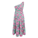 Womens Dress Women Floral Stripe Summer One Shoulder Sleeveless Solid Color Ruffle Beach Maxi Midi Dress | Original Brand