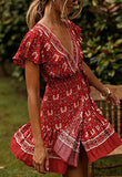 Women’s Summer Wrap V Neck Bohemian Floral Print Ruffle Swing A Line Beach Mini Dress