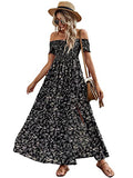 Black Flower Women's Boho Floral Print Off Shoulder Split Long A Line Dress - Floerns | Women's Formal Dresses