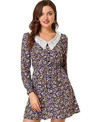 Allegra K Women's A-line Long Sleeve Elegant V Neck Floral Dress