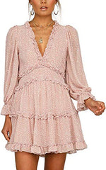SUPERSUN Bohemian Ruffled Floral Print Mini Dress Long Sleeve V Neck Backless Boho Dresses Women for Casual Party Wedding | Women's Casual Dresses