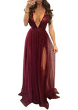 Red Wine Sleeveless Women's Solid Mesh Spaghetti Strap Sequin Cross Back Elegant Evening Party Dress - Fuedage | Women's Formal Dresses