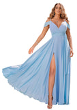 Sky Blue Women's Off Shoulder Bridesmaid Dresses Long Chiffon Formal Dress with Slit - Clothfun