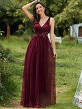 Women's Elegant Double V Neck Appliqued Sequin Tulle Maxi Formal Dress  - Sara Clothes