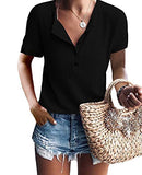 Black Women's Waffle Knit Short Sleeve Tunic Tops Summer V Neck Henley Loose T Shirts XS | Women's Casual Dresses