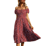 Womens Summer Floral Print Puff Short Sleeve Drawstring Tiered Ruffle Casual A-Line Dress