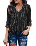 Ripple Black Womens 3/4 Cuffed Sleeve Chiffon Printed V Neck Casual Blouse Shirt Tops - Youtalia | Women's Tops and Blouses